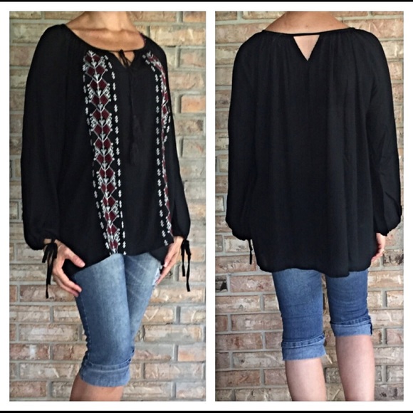 Black & Wine Peasant Top Blouse Tassel Small/Med - Picture 3 of 4