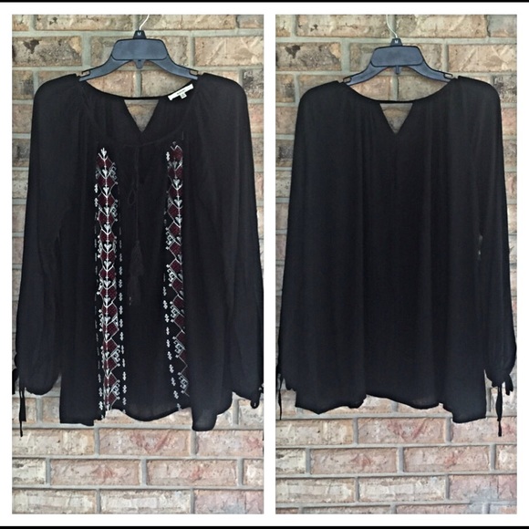 Black & Wine Peasant Top Blouse Tassel Small/Med - Picture 4 of 4