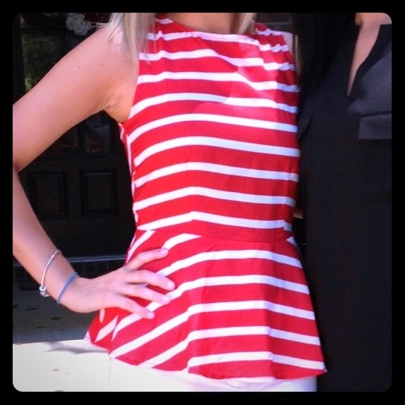 Red and white striped open-back peplum top