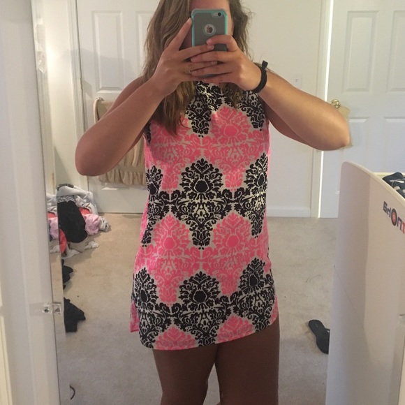 Bright pink and blue patterned dress