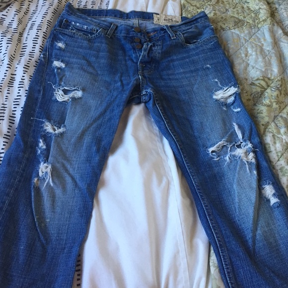 Distressed Hollister jeans. Boot cut, Button fly.