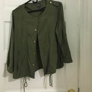 Military green jacket, light and casual.