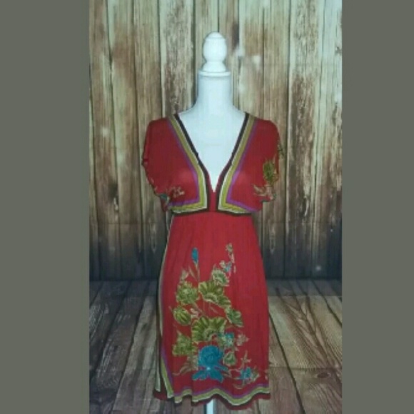 Poetry Red Kimono Sleeve Floral Dress Size Small