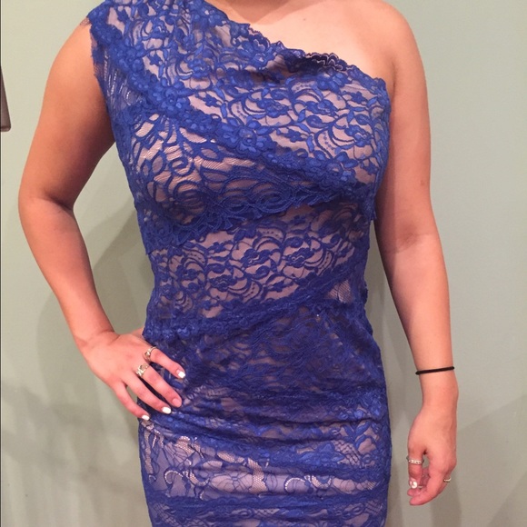Bebe Lace Dress - One Shoulder - Blue