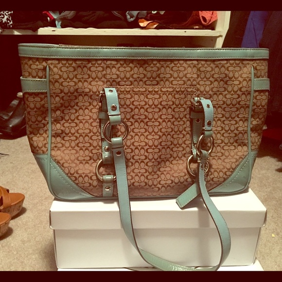 Tan and teal coach tote bag