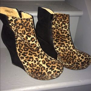 Leopard and black wedge booties