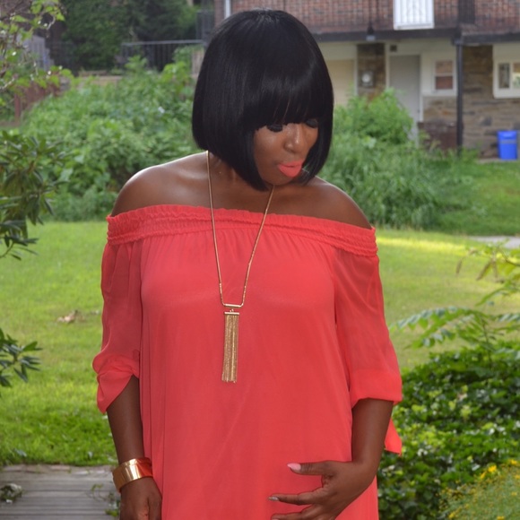 Elegant Off The Shoulder Coral Dress - Picture 2 of 4