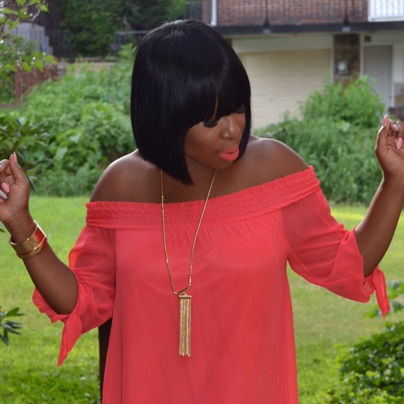 Elegant Off The Shoulder Coral Dress - Picture 3 of 4