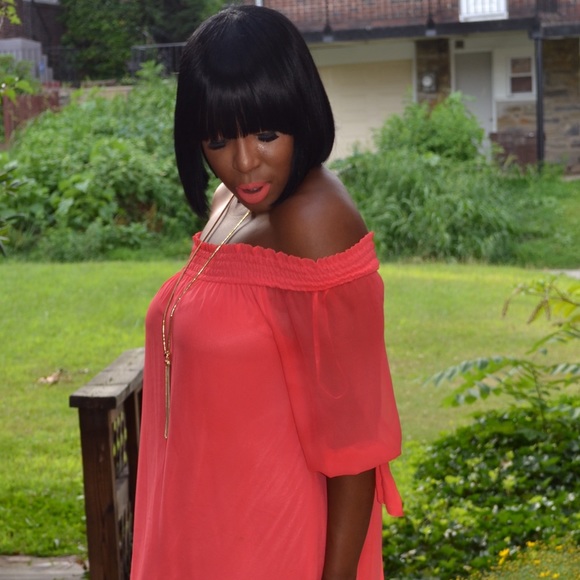 Elegant Off The Shoulder Coral Dress - Picture 4 of 4