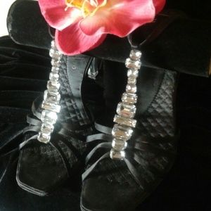 Black satin rhinestone high heels