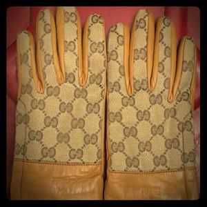 Authen. Gucci vint. leather and canvas tan gloves