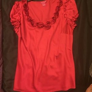 Red satin rose color short sleeve blouse