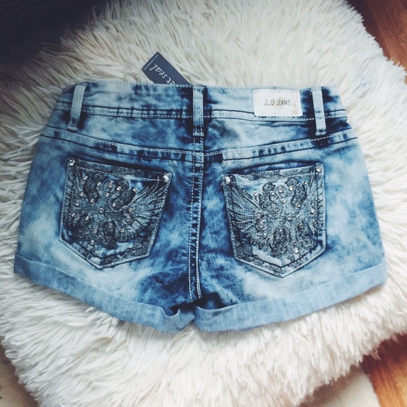 Acid wash shorts with rhinestones