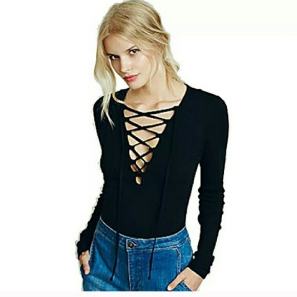 Tops - Buy 1 size up sexy deep neck lace up bodycon jum