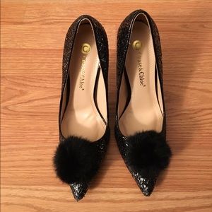 "Giselle" Black Glitter Pom Pom Heel