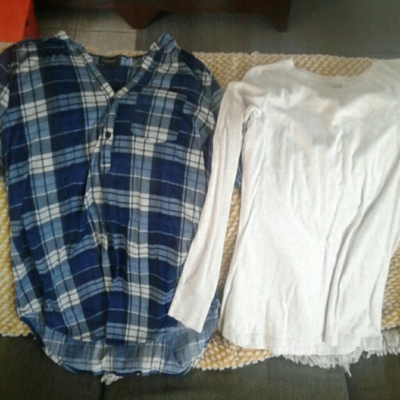 Blue flannel longer shirt and a basic long sleeve