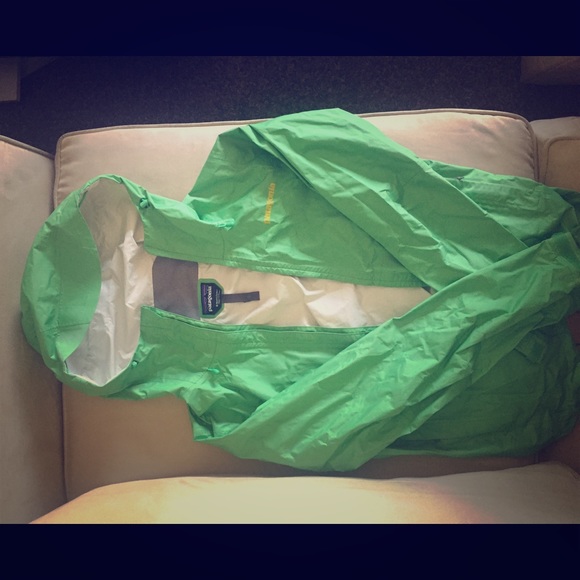 Green Patagonia rain jacket