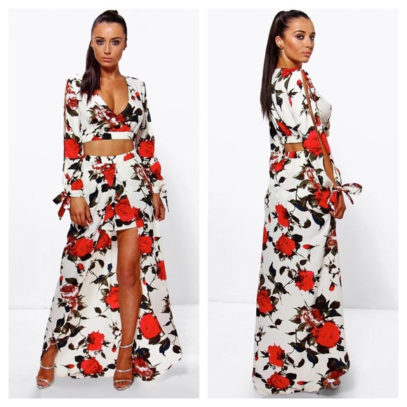 Boohoo Floral Crop Top & Maxi Skirt w/ Romper