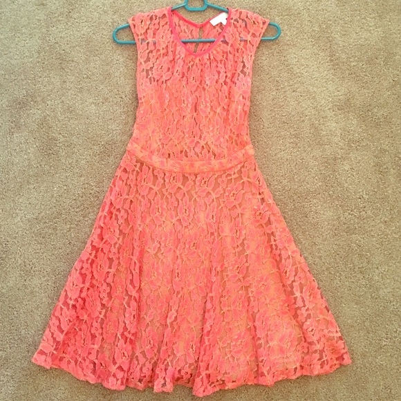 Coral and gold floral lace dress