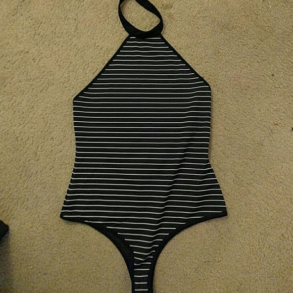 HOLD TO SWAP - White striped black halter bodysuit