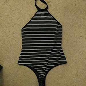 HOLD TO SWAP - White striped black halter bodysuit