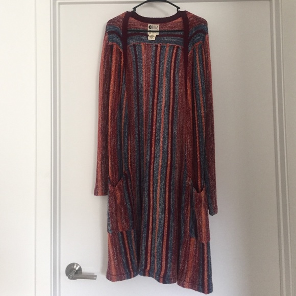 Long calf length cardigan.