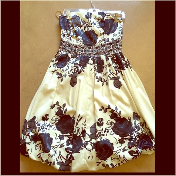 Strapless White and Black floral cocktail dress