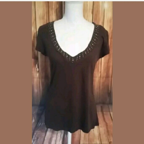 Medium Express Brown Stretch V Studed V-neck Shirt