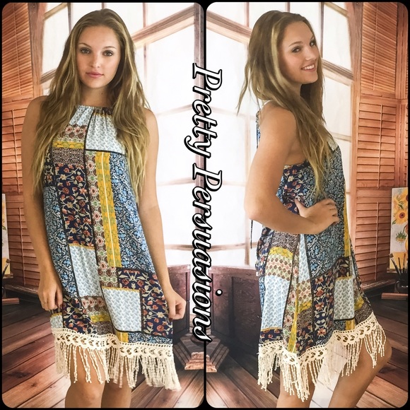 CLEARANCE‼️ Retro Print Crochet & Fringe Hem Dress - Picture 2 of 4