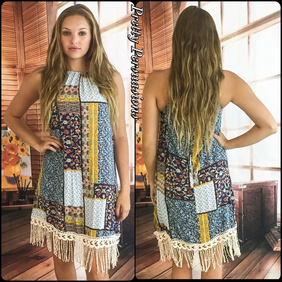 CLEARANCE‼️ Retro Print Crochet & Fringe Hem Dress - Picture 3 of 4