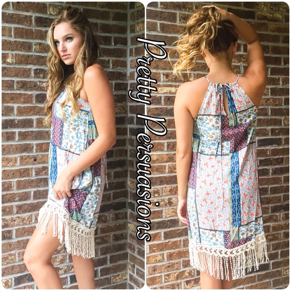 CLEARANCE‼️Retro Print & Crochet Fringe Hem Dress - Picture 3 of 3