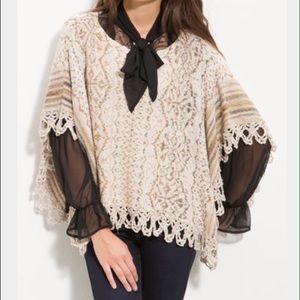 Free People Boho Vintage Poncho with knit fringe