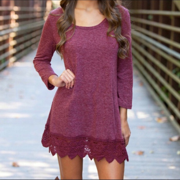 GlamVault Dresses & Skirts - Last One! Red Long Sleeve Dress Crochet  Bottom