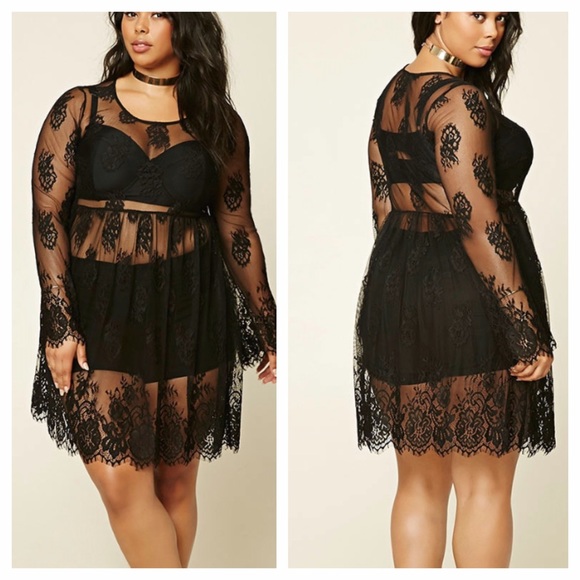 Forever 21 Dresses & Skirts - Sheer Black Lace Bell Sleeve Dress