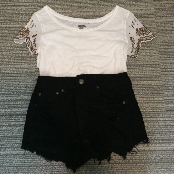 White top with gold beaded mesh sleeves