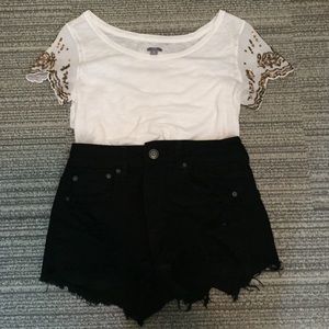 White top with gold beaded mesh sleeves