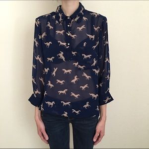 BOGO Sheer Horse Print Button-Down w Collar