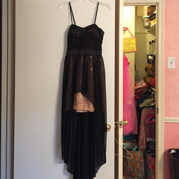 High-Low black and gold prom dress
