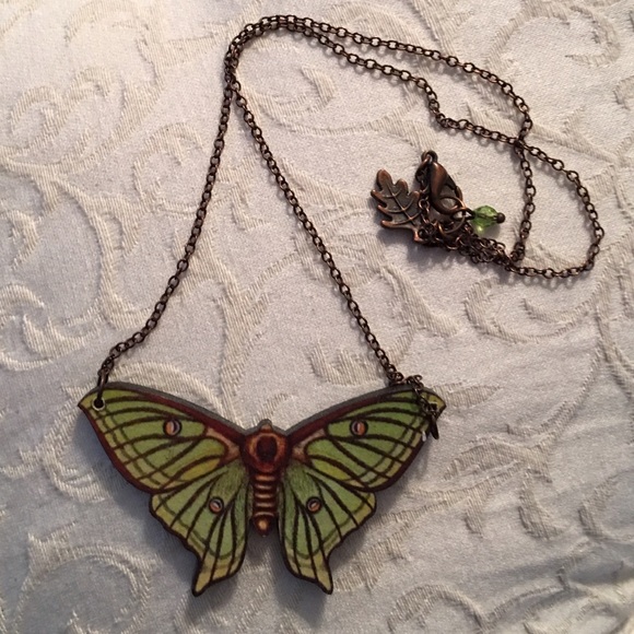 Wood Luna moth necklace