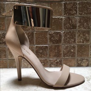BEBE Metal Ankle Strap Sandal Nude