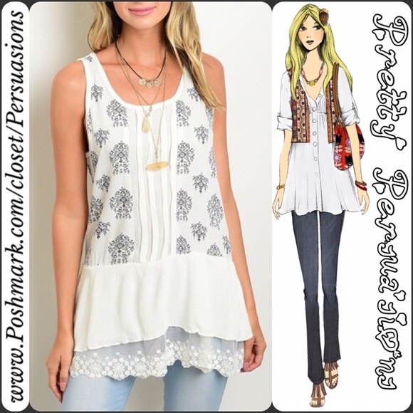 Pretty Persuasions Tops - SOLD OUT Sleeveless Mixed Print & Lace Trim Top