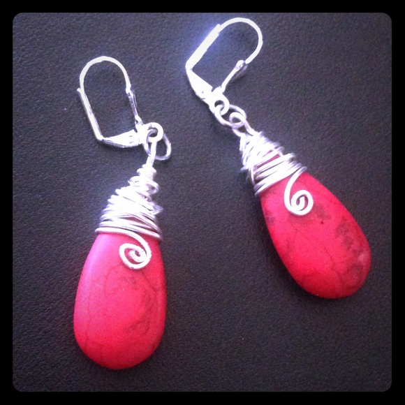Red turquoise wire wrapped earrings