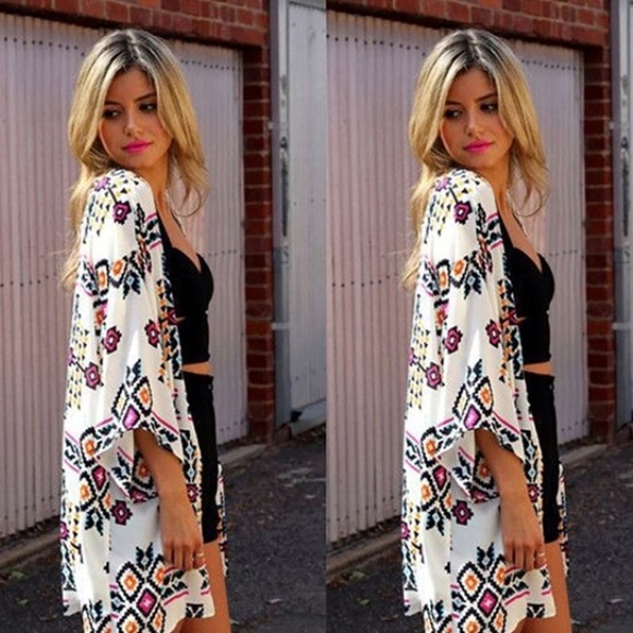 Geometric Boho Chiffon Kimono Cardigan - Picture 2 of 3