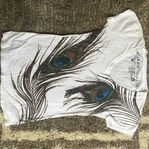 LOL - White T with peacock feathers
