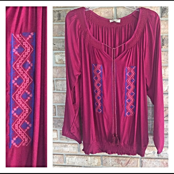Stunning Wine Peasant Tassel Blouse 3X XXXL - Picture 3 of 4