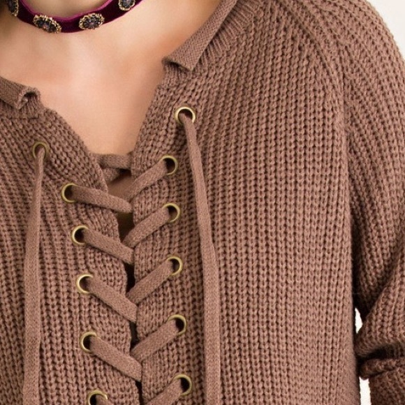 LAST ONE- SMALL-Front Lace Up Knit Sweater- MOCHA - Picture 3 of 4
