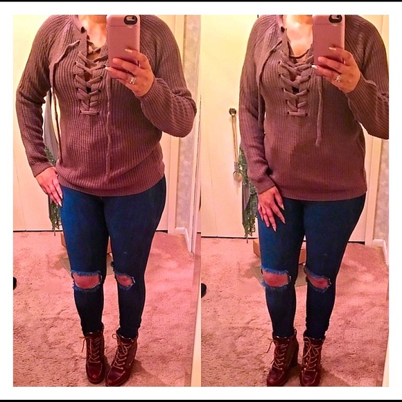 LAST ONE- SMALL-Front Lace Up Knit Sweater- MOCHA - Picture 4 of 4