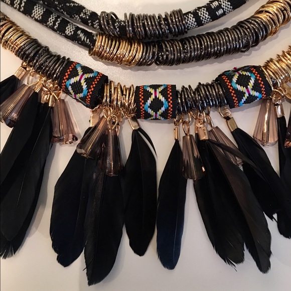 Indian Feather Statement Necklace & Earrings Black - Picture 4 of 4
