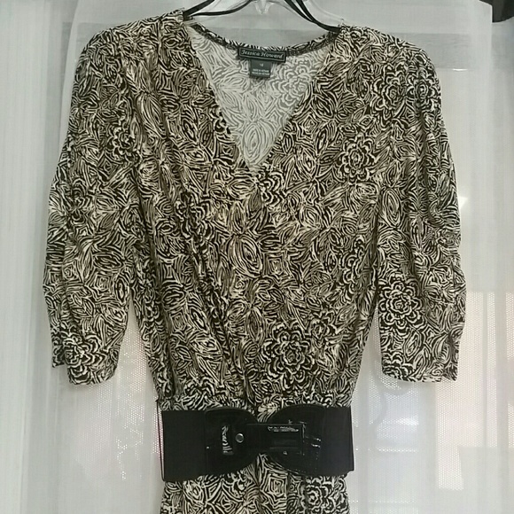 Print belted dress 3/4 length sleeves.