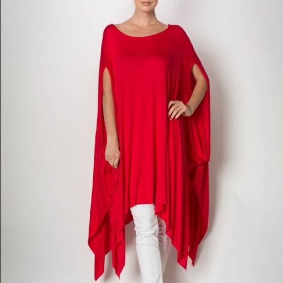 Red oversized poncho draped T-shirt